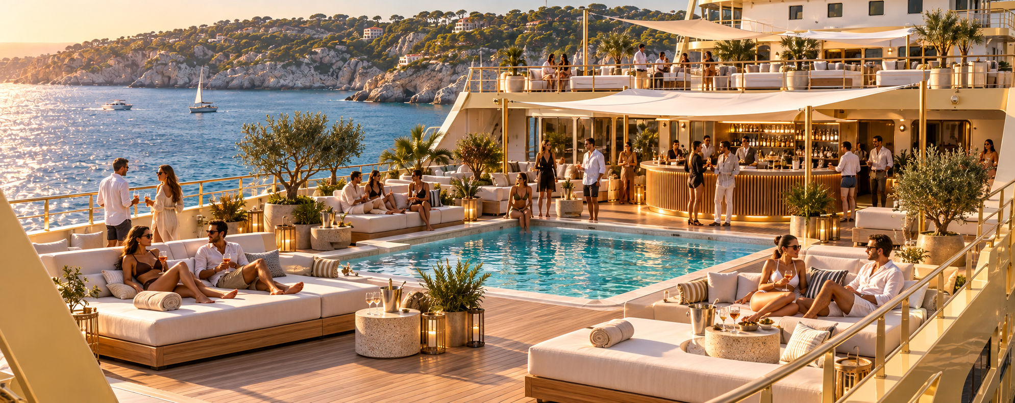 Luxuriöses Pooldeck des ORO Beach Clubs mit Bar und Gästen bei Sonnenuntergang